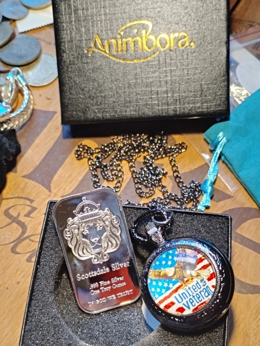 Black Pocket Watch Necklace - United Veteran Design& Silver Billion Bar